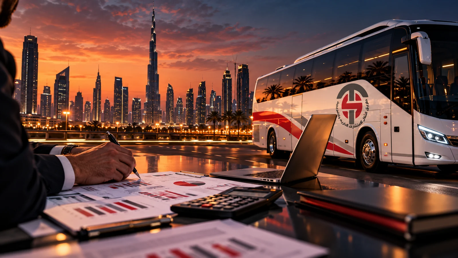 Modern rented passenger coach in a UAE city